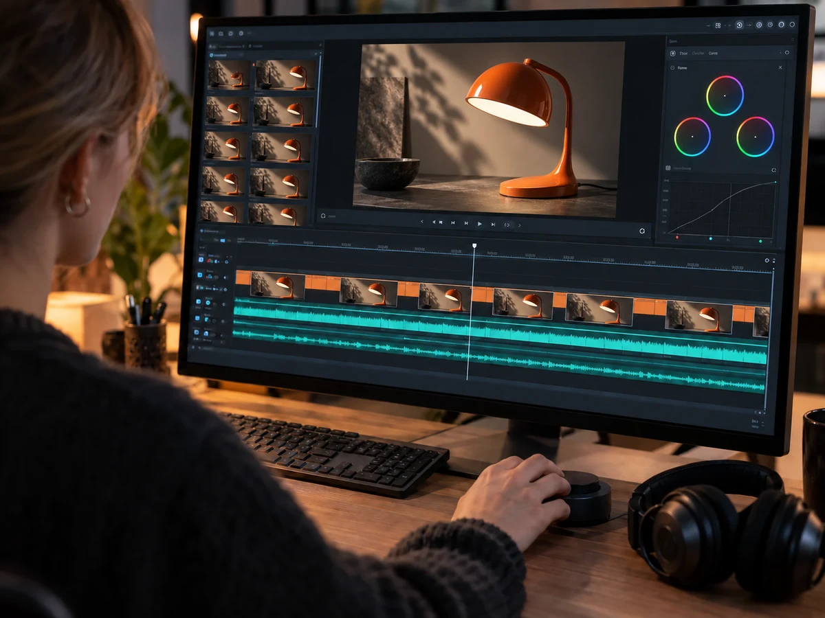 Konseptbilde av videoredigering med tidslinje og fargejustering