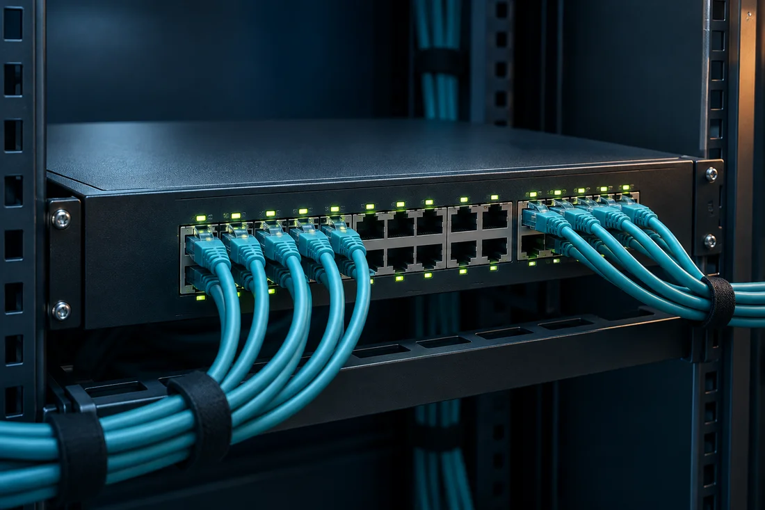 Konseptbilde av en switch med nettverkskabler